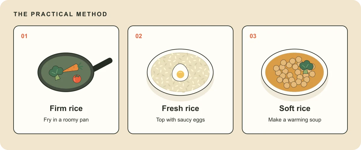 Diagram comparing fried rice, eggs over fresh rice, and rice soup.