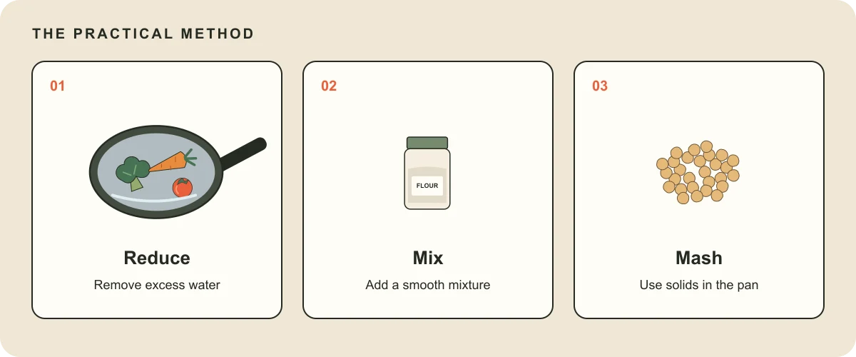 Three sauce-thickening methods: reduce liquid, mix a smooth thickener, or mash existing solids.